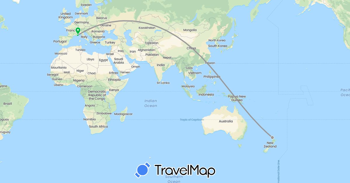 TravelMap itinerary: driving, bus, plane in France, Monaco, New Zealand (Europe, Oceania)